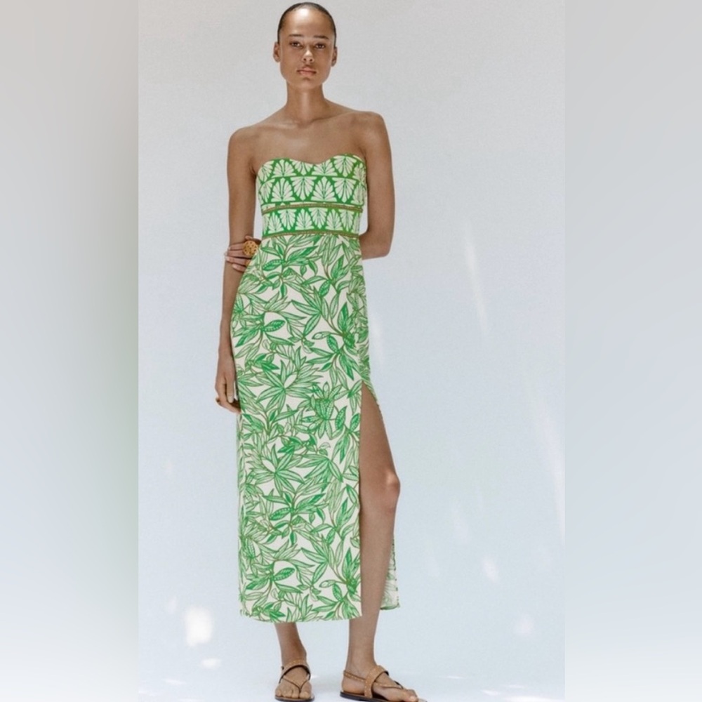 Zara Green and White Strapless Gown with Slit